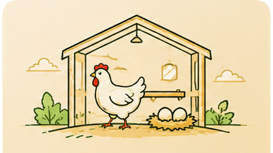 Cage free hen inside open barn housing illustration