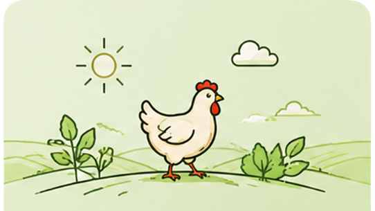 Free range hen on green pasture with sun and plants illustration