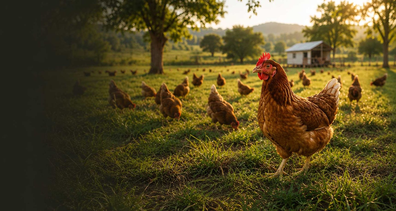 Free range hens roaming open pasture at FFG Farms, Kerala