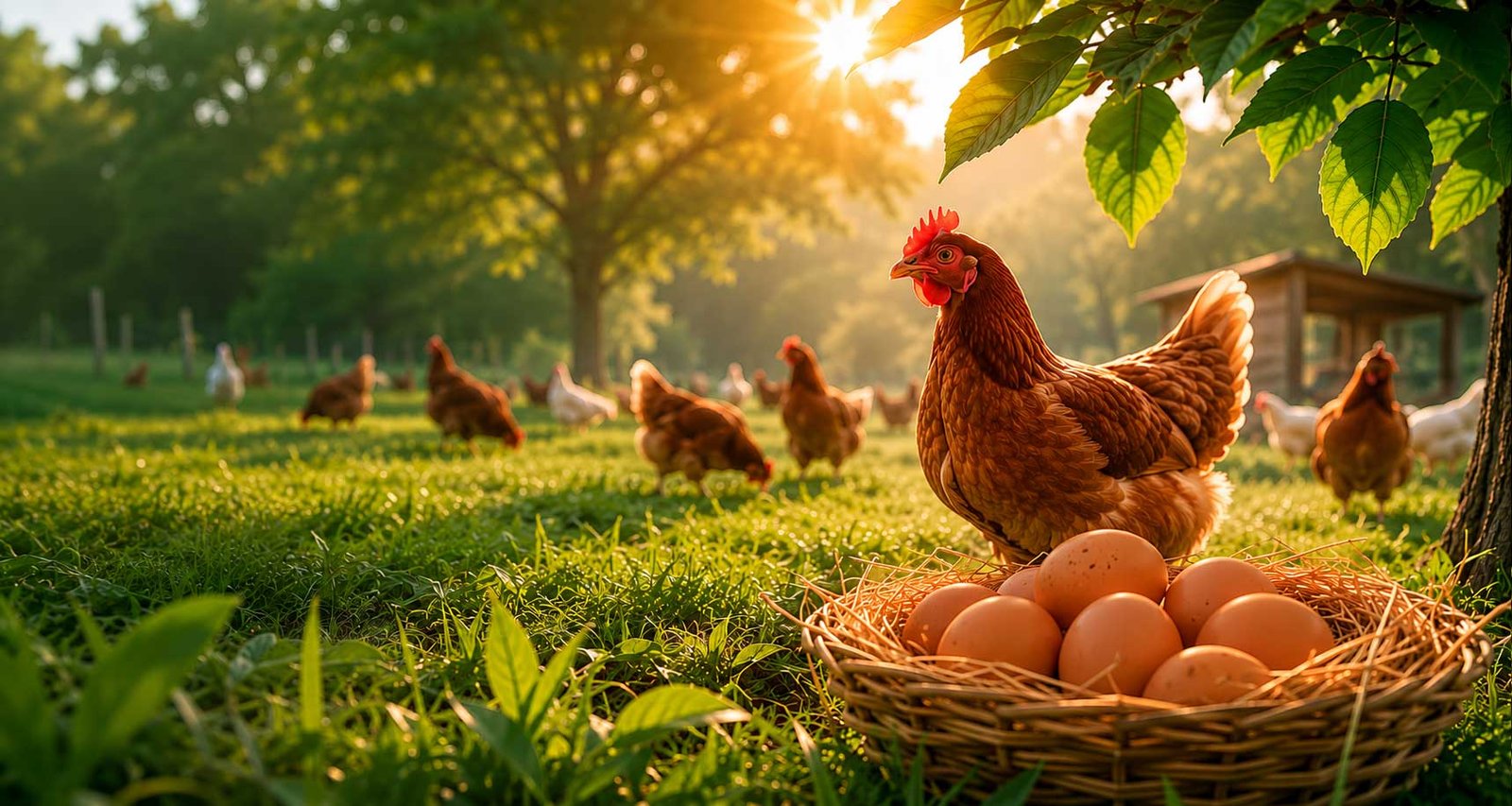 Free range hens roaming on Kerala pasture at sunrise, with eggs in a straw basket