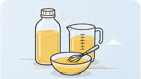 Liquid eggs in glass jar and mixing bowl illustration